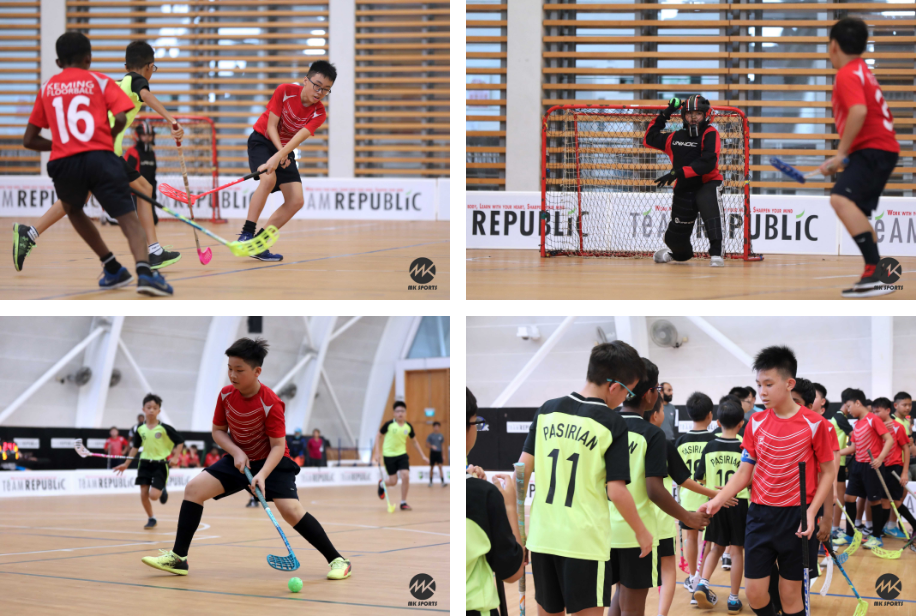 Four panels showing young boys playing indoor floorball, including gameplay and a goalkeeper defending a red goal.