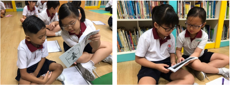 Two pairs of young students in uniforms sit on the floor reading books, one pair in a classroom, one in a library.