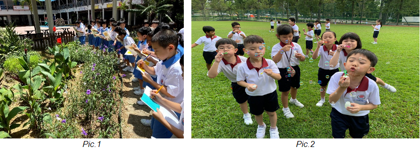 Children in uniforms observe a garden while taking notes in pic 1, and blow bubbles on a field in pic 2.