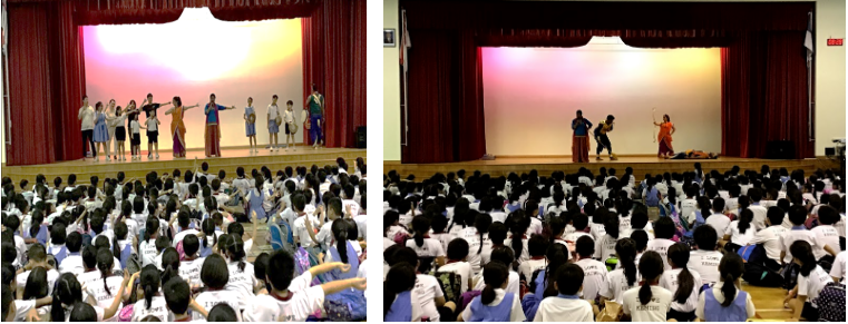 Two school auditorium scenes with students seated on the floor watching performers on a stage with red curtains.