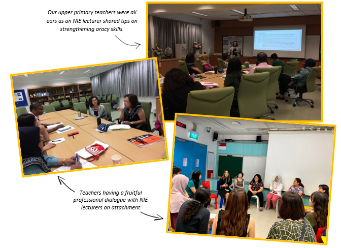 Three photos show teachers in professional development sessions, listening to a lecturer and engaging in group discussions.