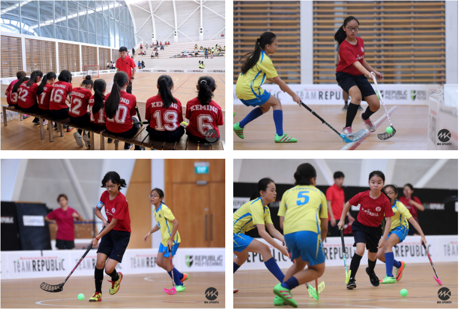 Four photos of girls playing indoor floorball, wearing red and yellow jerseys, competing on a wooden court.