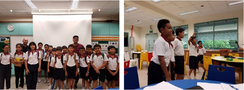 Two school classroom scenes: left shows students and a teacher posing, right shows students standing in uniform.