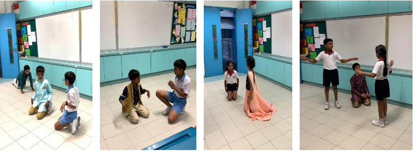 Four classroom photos showing groups of children in school uniforms acting out or performing scenes on the floor.