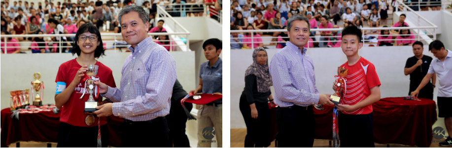 Two award ceremonies where a man in a plaid shirt presents trophies to young athletes in red shirts before a crowd.