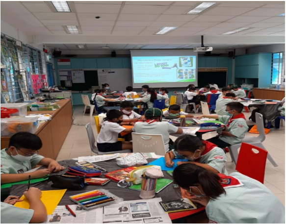Students wearing masks sit at tables doing craft activities in a classroom with a projected presentation screen.