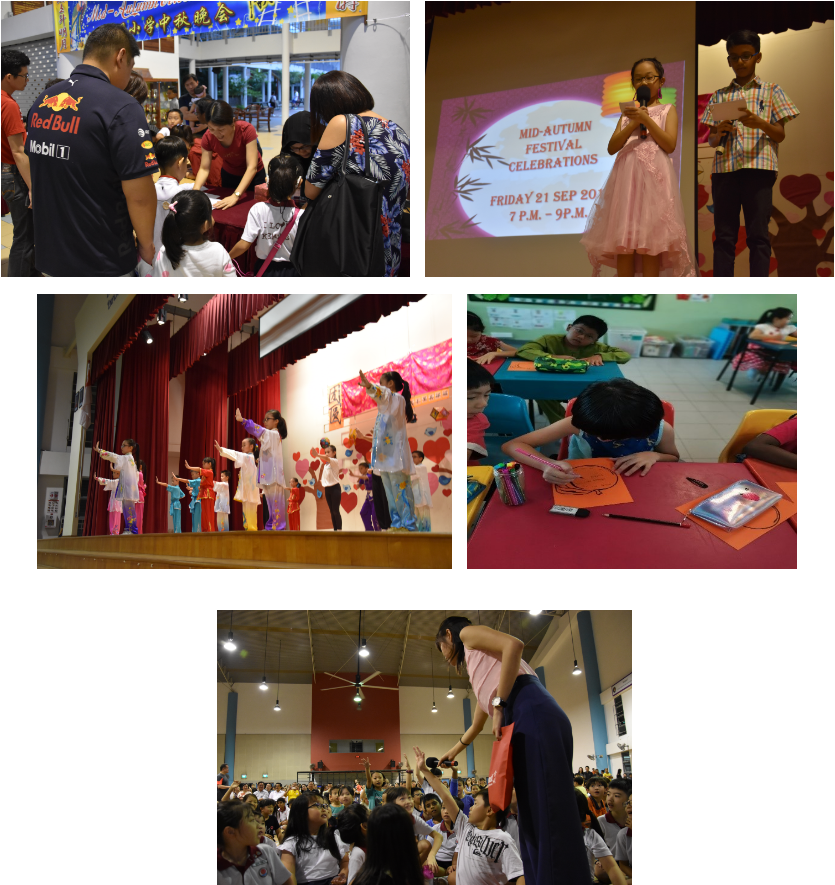 Five photos from a Mid-Autumn Festival school celebration showing performances, crafts, and student activities.