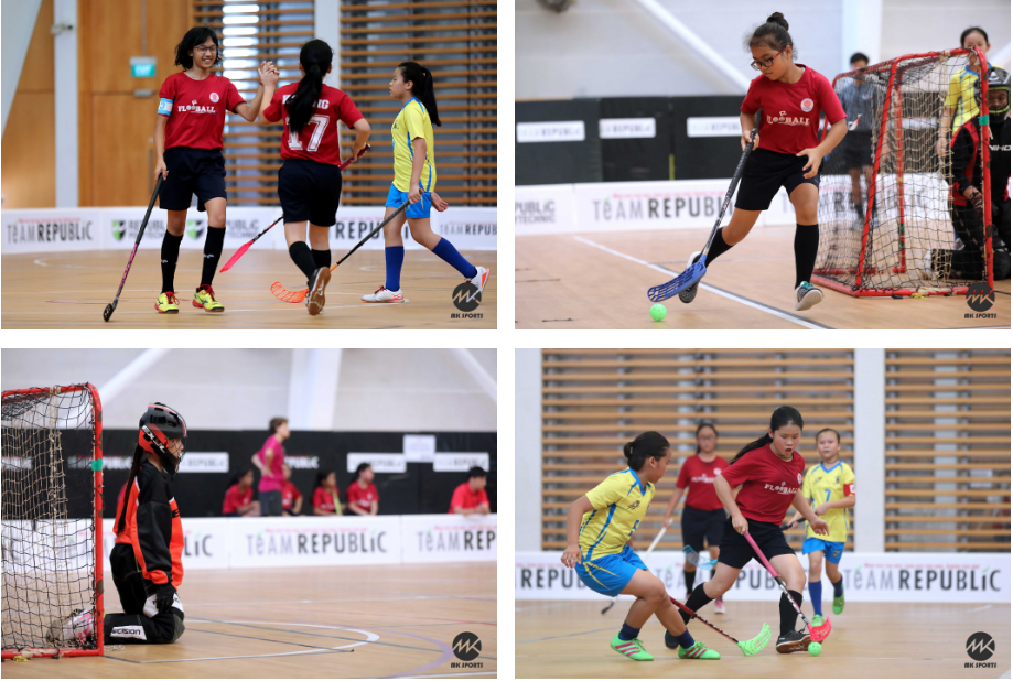 Four photos of young girls playing indoor floorball, showing high-fives, shooting, goalkeeping, and competing for the ball.