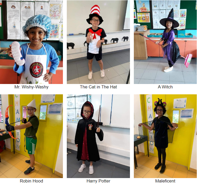 Six children in a classroom dressed as Mr. Wishy-Washy, Cat in the Hat, a Witch, Robin Hood, Harry Potter, and Maleficent.