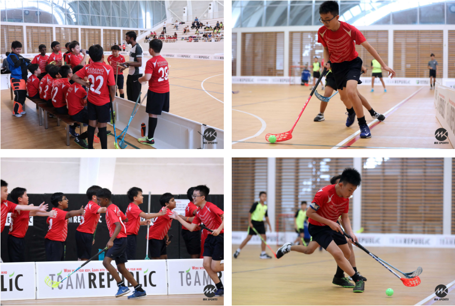 Four photos of young boys in red uniforms playing indoor floorball, showing team huddles and players hitting a ball.