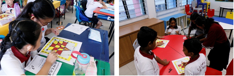 Two classroom scenes showing children and a teacher working on colorful board activities at desks.