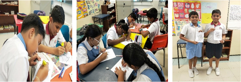 Students in school uniforms work on drawing activities at desks, and two boys hold up finished artwork.