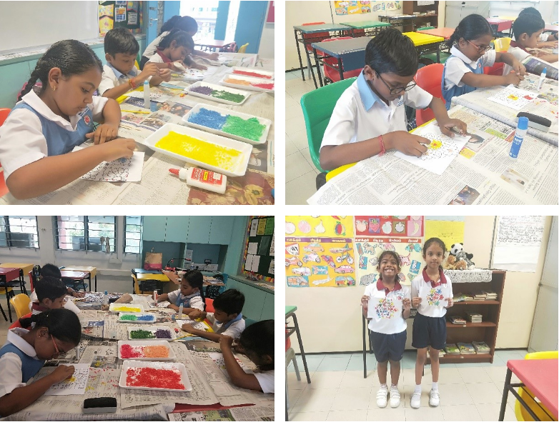 Students in uniforms doing a craft activity with colorful beads or seeds on paper, and one girl holds her finished artwork.