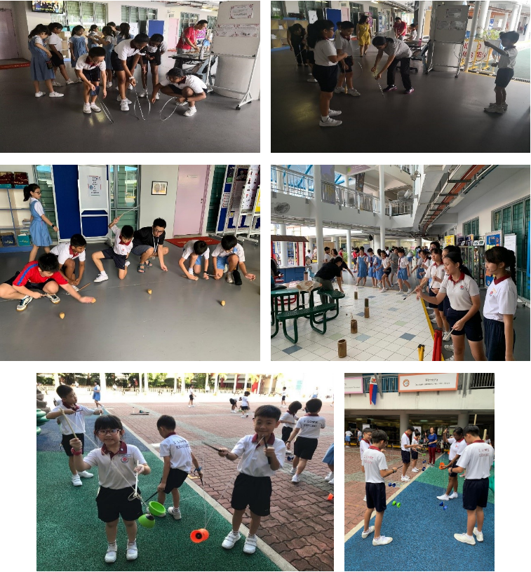 Six photos of school children in uniforms playing traditional games indoors and outdoors on school grounds.