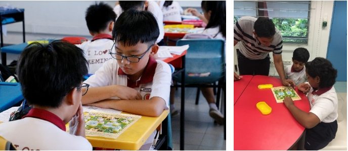 Two school scenes: students studying at desks and an adult helping two children with a board game at a red table.