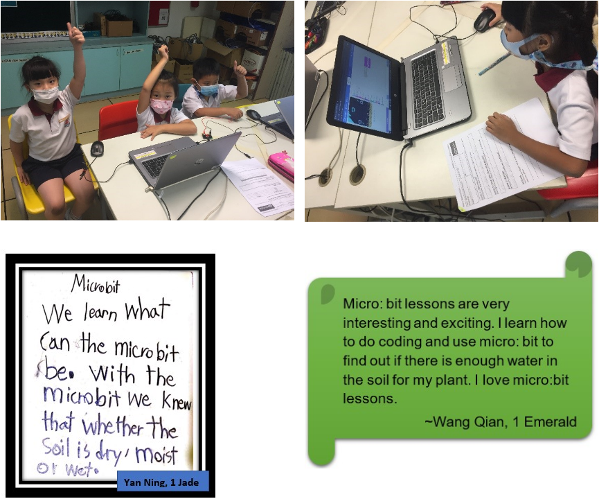 Three masked students work on laptops, with handwritten and typed notes about Micro:bit coding lessons below.