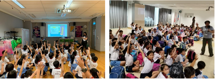 Two classroom scenes showing groups of young students sitting on floors with hands raised, facing teachers at the front.