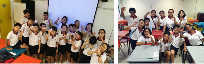 Two groups of students in white and red uniforms posing and smiling in classrooms.
