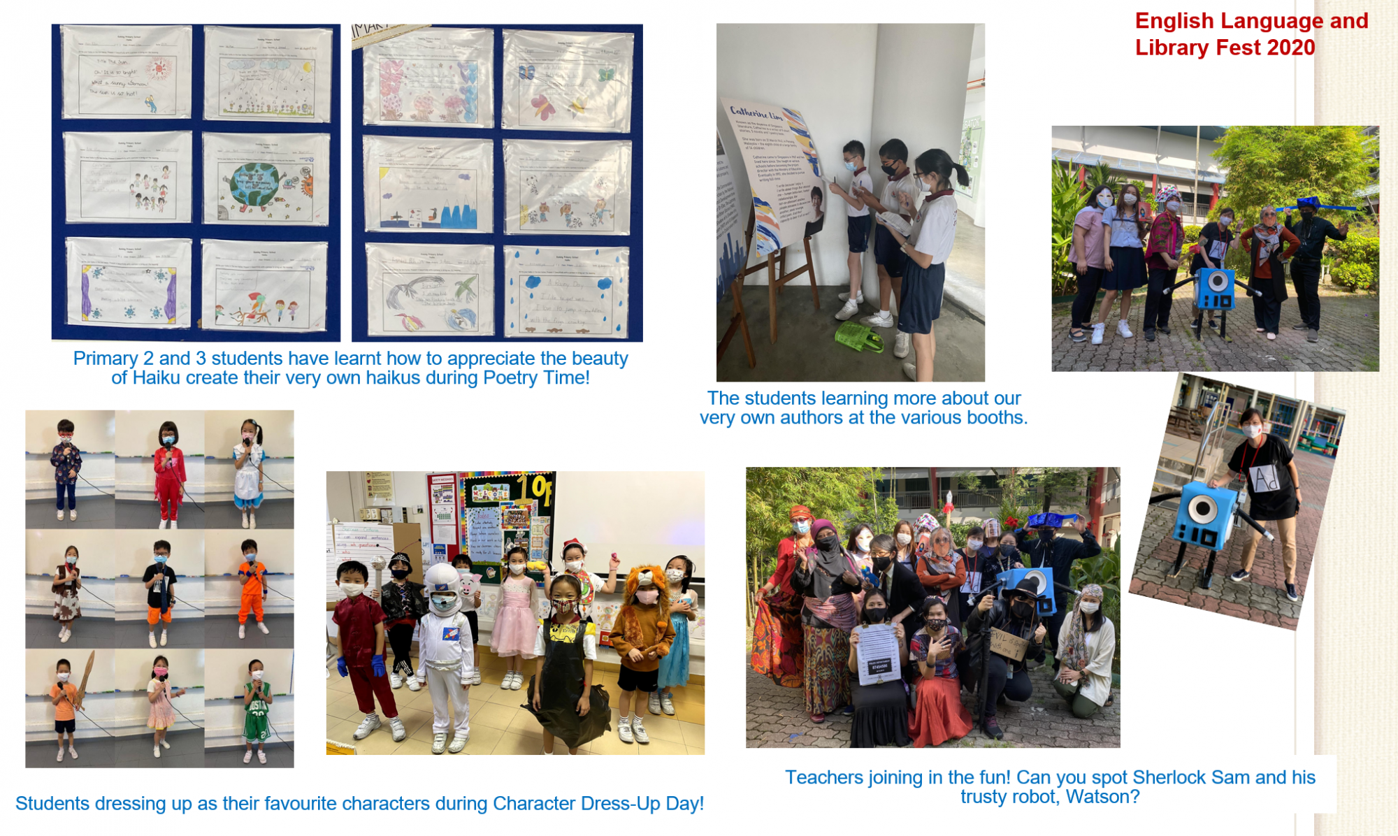 Collage of English Language and Library Fest 2020 showing students in costumes, haiku displays, and author booths.