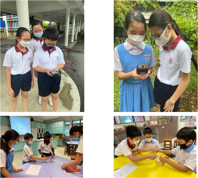 Four photos of masked schoolchildren in uniforms doing outdoor and indoor activities including using a device and group work.