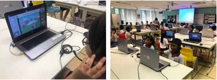 Two photos of children in a computer lab working on laptops, with a colorful game visible on one screen.
