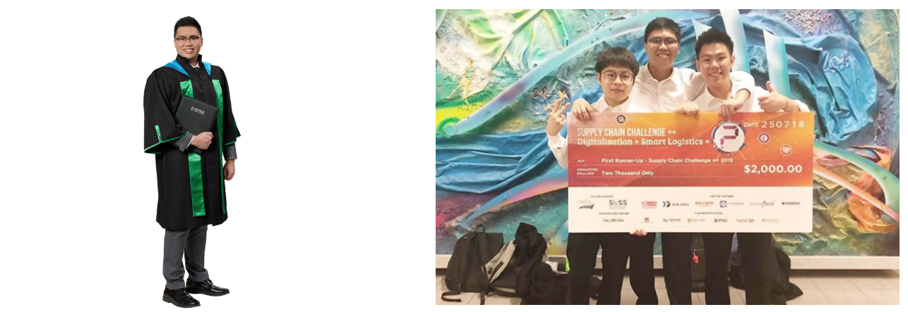 Man in graduation gown on left; three students holding a $2,000 Supply Chain Challenge winner's check on right.