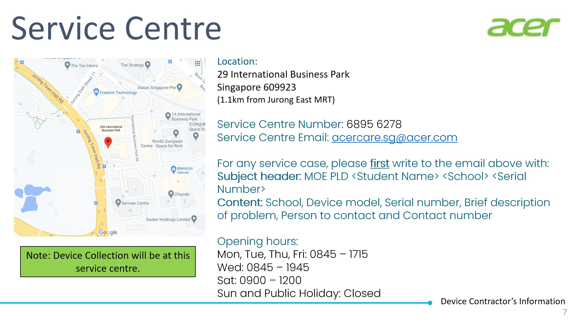 Acer Service Centre slide showing location, contact details, email instructions, and opening hours in Singapore.