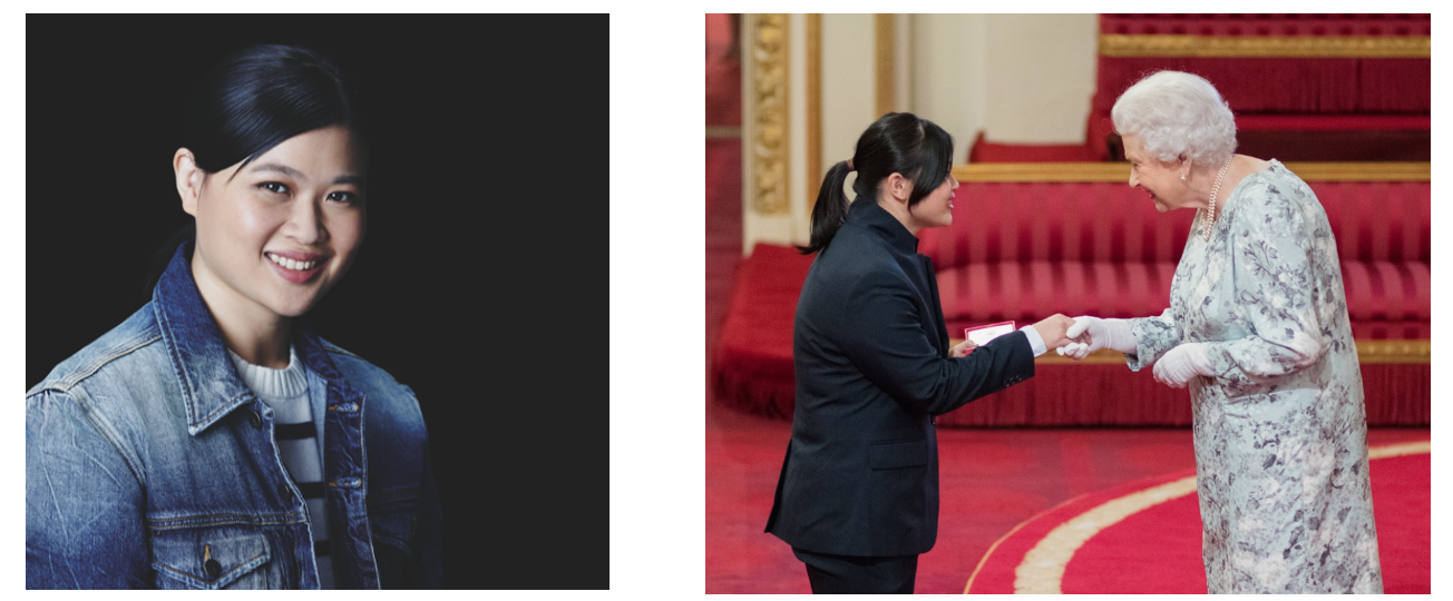 A woman in a denim jacket smiling, beside a photo of her receiving an award from an elderly woman in a formal hall.