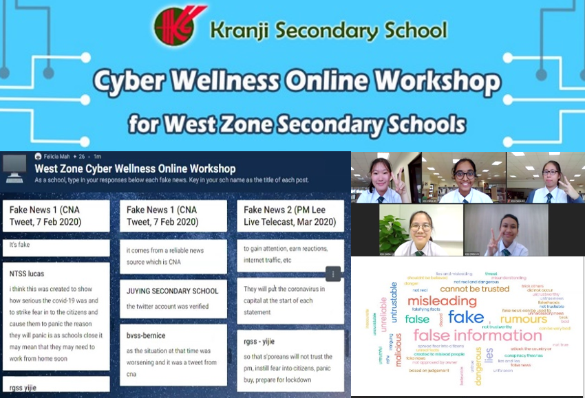 Kranji Secondary School Cyber Wellness Online Workshop banner with student video calls and a word cloud featuring terms like fake and misleading.
