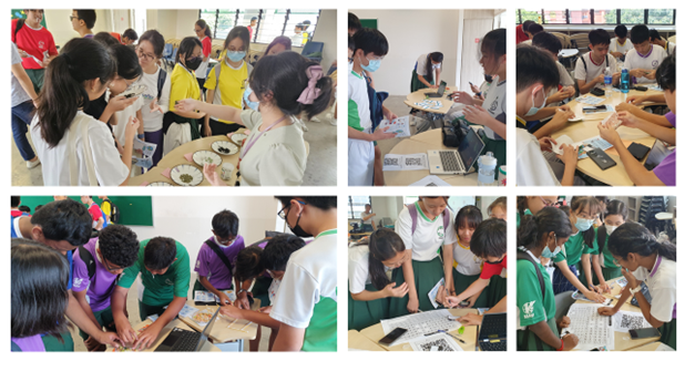 Six photos of students in school uniforms gathered around tables, collaborating on hands-on activities indoors.