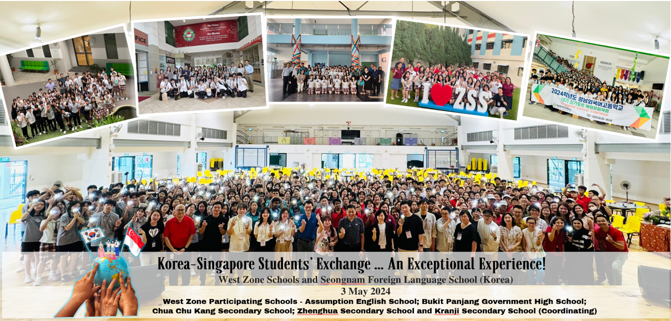 Large group of students and teachers pose together at a Korea-Singapore student exchange event on 3 May 2024.
