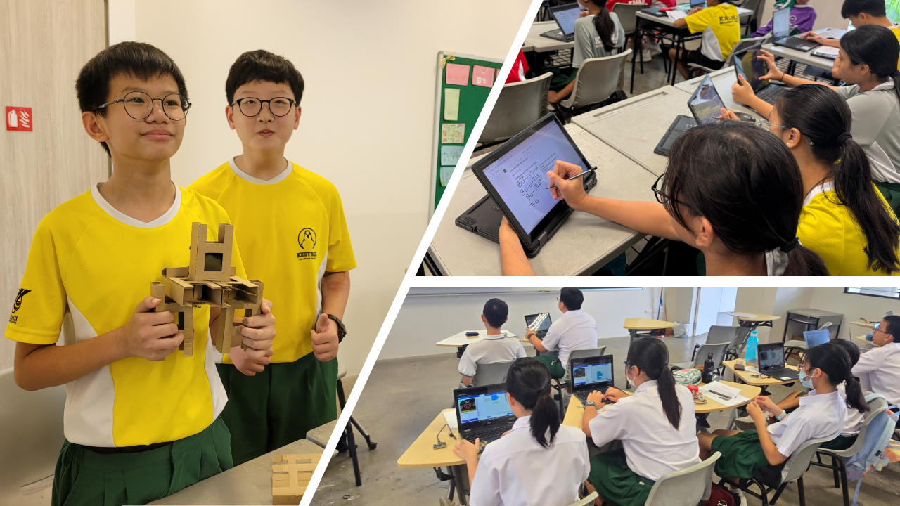 Two students hold a cardboard structure; other students work on tablets and laptops in classrooms.