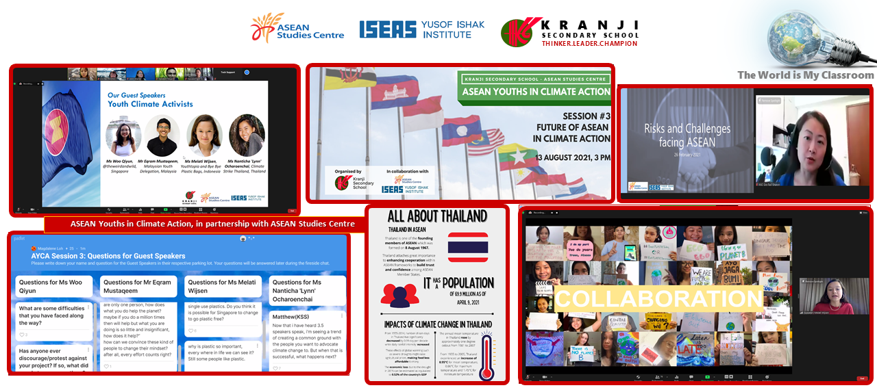 Collage of virtual event screens showing ASEAN youth climate action sessions with speakers, flags, infographics, and student collaboration.