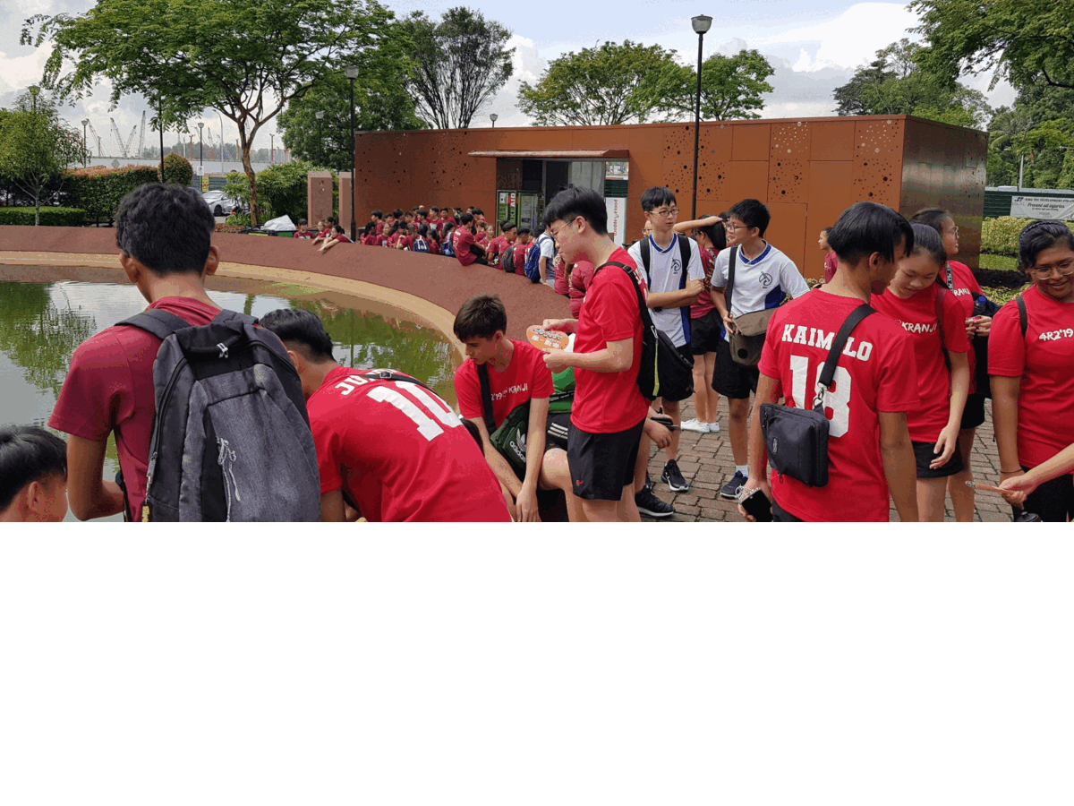 A large group of students mostly in red jerseys gathered near a pond outside a brown building surrounded by trees.