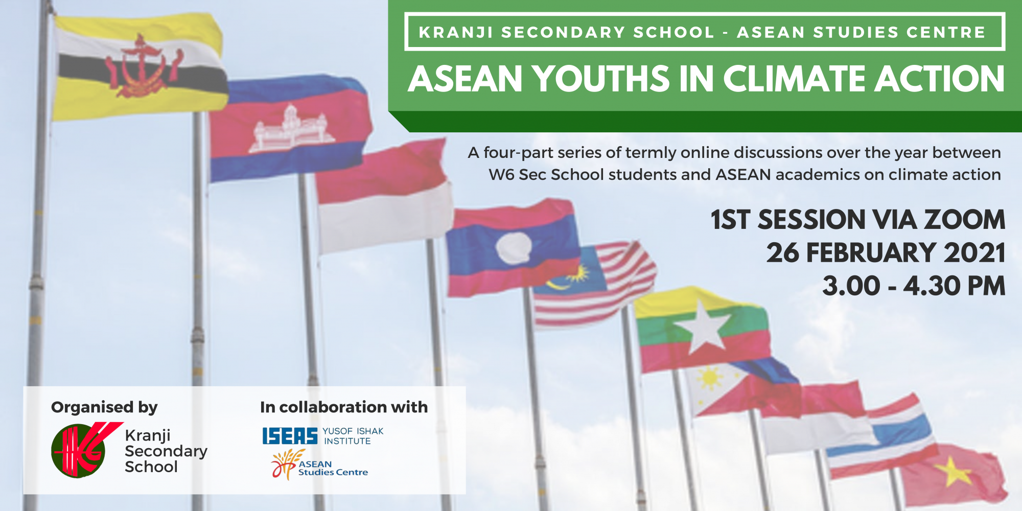 Event banner showing ASEAN flags on poles with text about a youth climate action Zoom session on 26 February 2021.