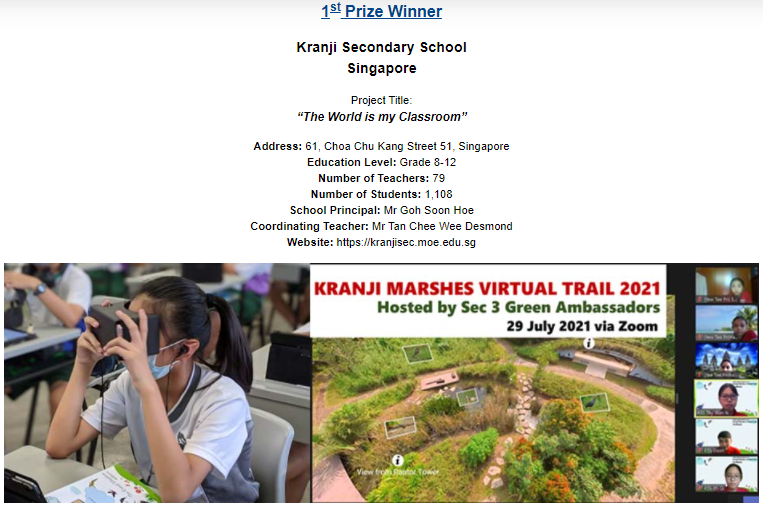 1st Prize Winner announcement for Kranji Secondary School Singapore, showing a student using VR goggles and a virtual trail event banner.