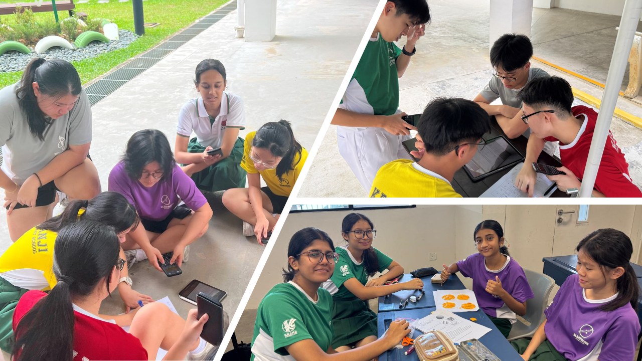 Three groups of school students in uniforms collaborate on activities, using phones, tablets, and craft materials.