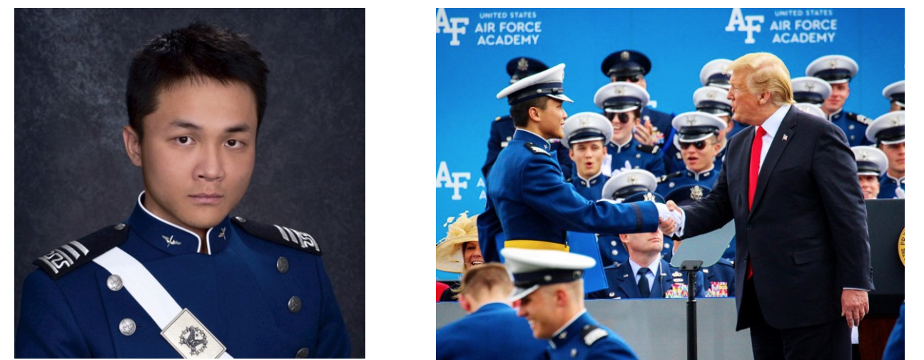A cadet in dress uniform poses formally, beside a scene of a graduation handshake at the US Air Force Academy.