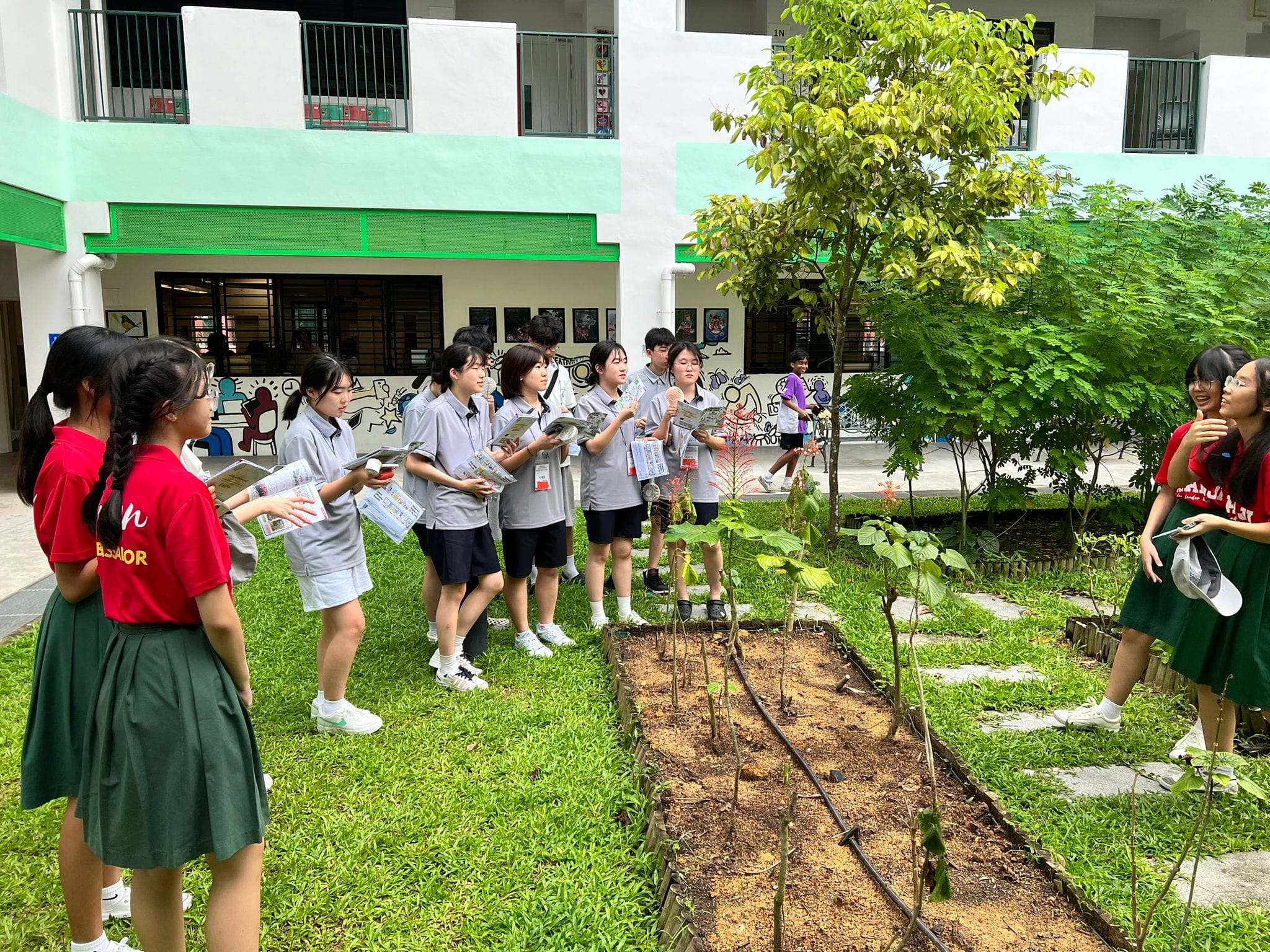 Students in uniforms holding papers gather around a school garden with raised planting beds and trees.