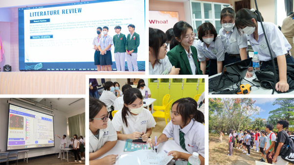 Five photos of students in school uniforms presenting, collaborating on worksheets, and gathering outdoors.