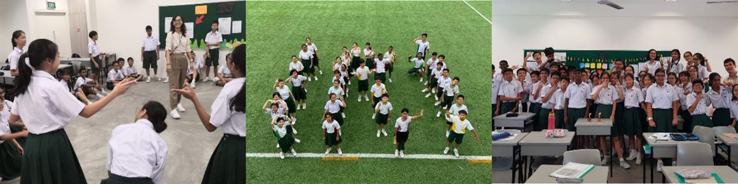 Three school scenes: students in a classroom activity, posing on a green field, and grouped in a classroom.