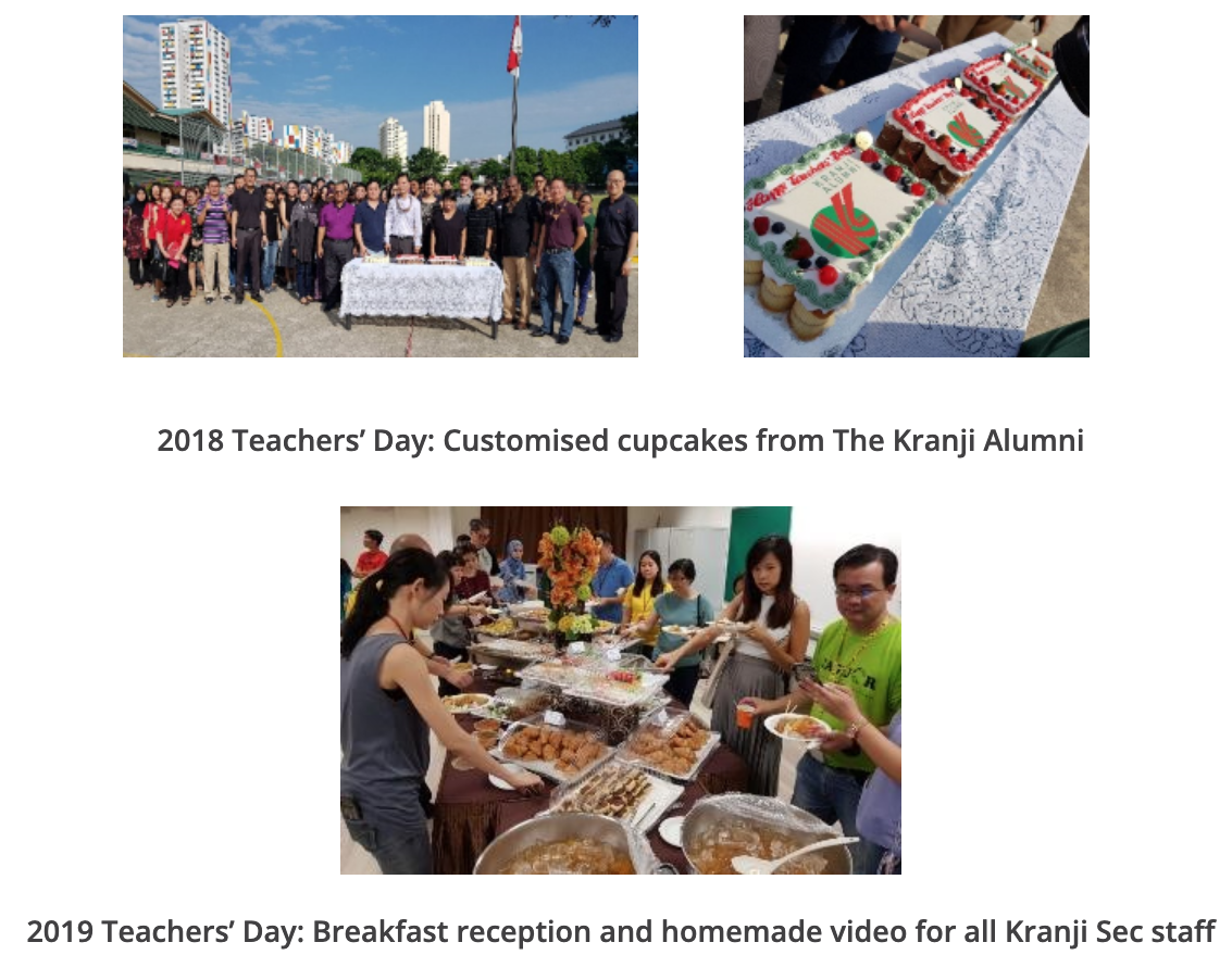 Three photos showing Teachers' Day events: a group outdoors, a decorated cake, and staff at a buffet breakfast.