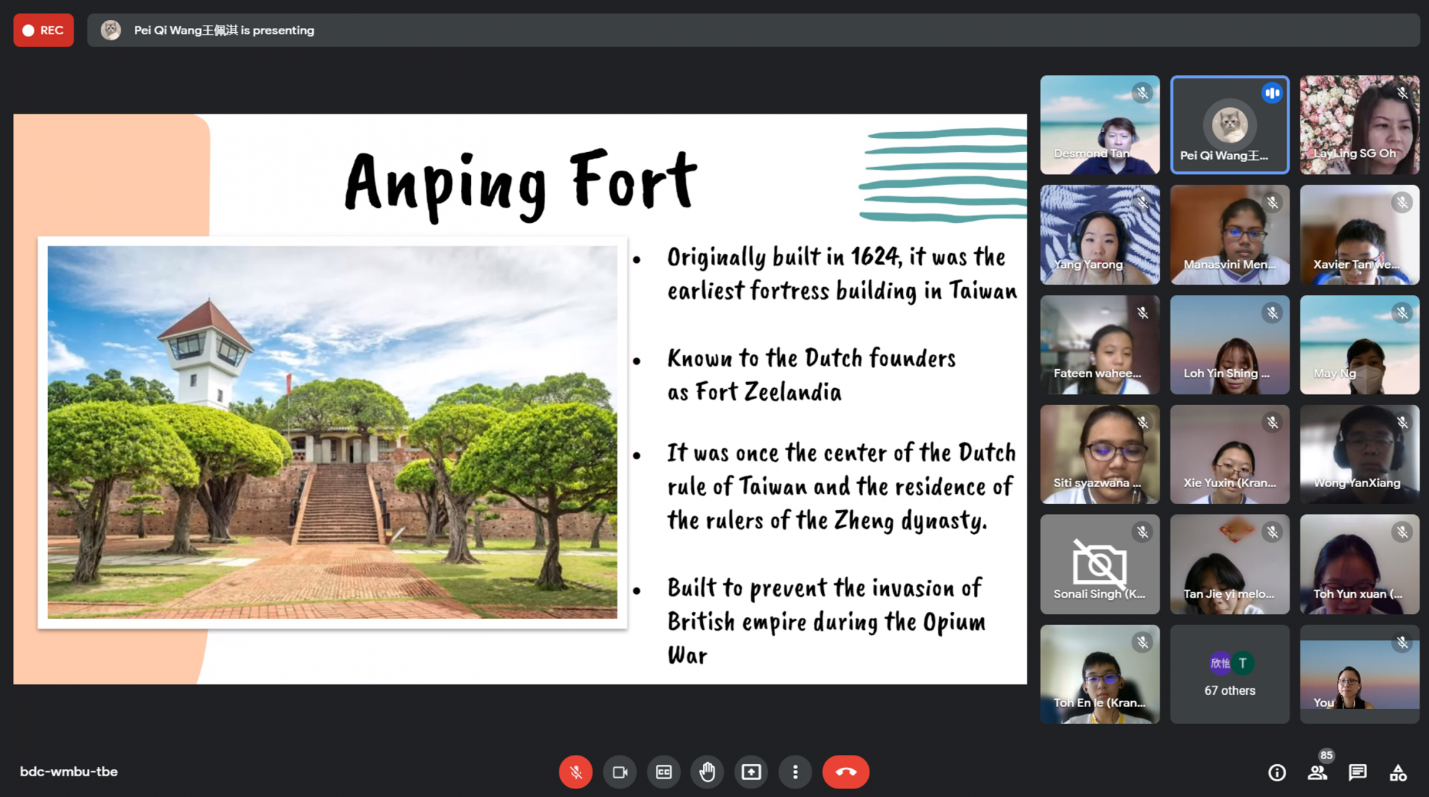 Online video call showing a presentation slide about Anping Fort in Taiwan, with participant thumbnails on the right.