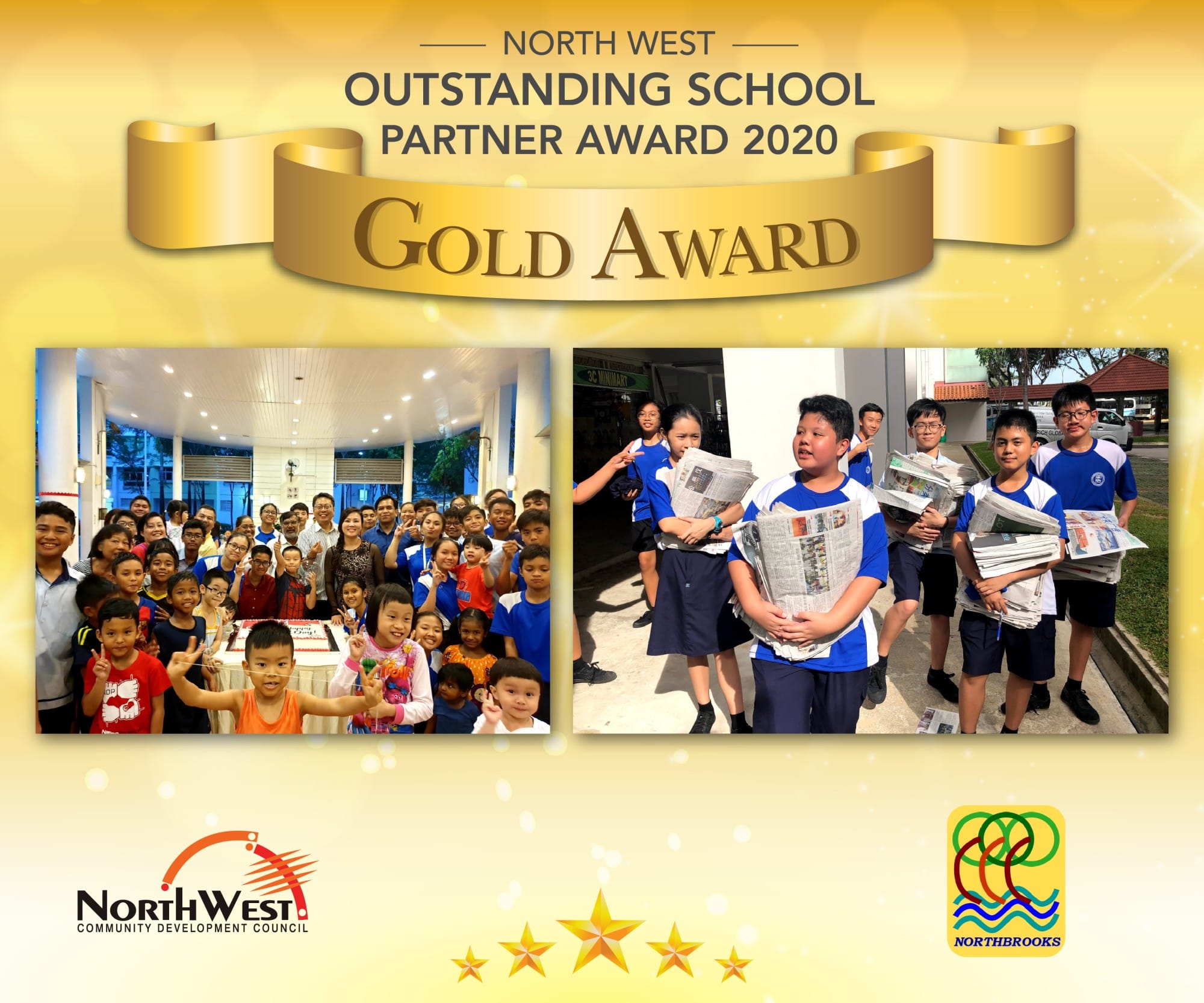 North West Outstanding School Partner Gold Award 2020 banner with two photos of students posing and collecting newspapers.