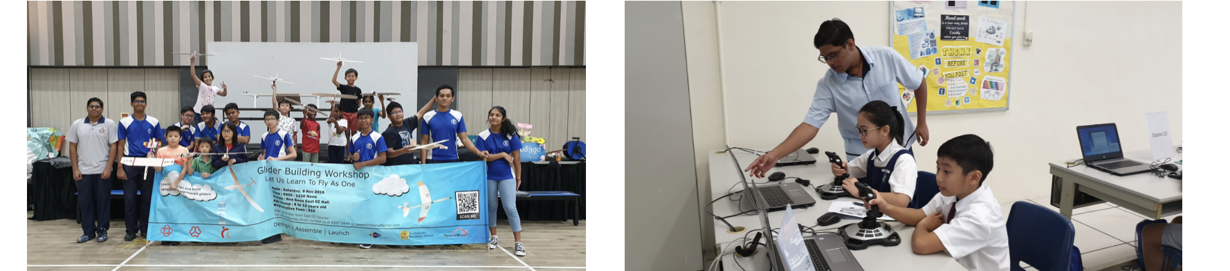 Group of kids holding gliders at a workshop, and a teacher helping two students on laptops with joysticks.