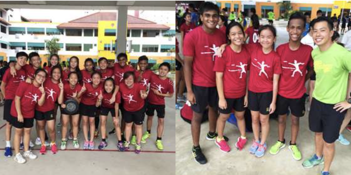 Two group photos of youth in matching red shirts and black shorts posing outdoors near a school building.