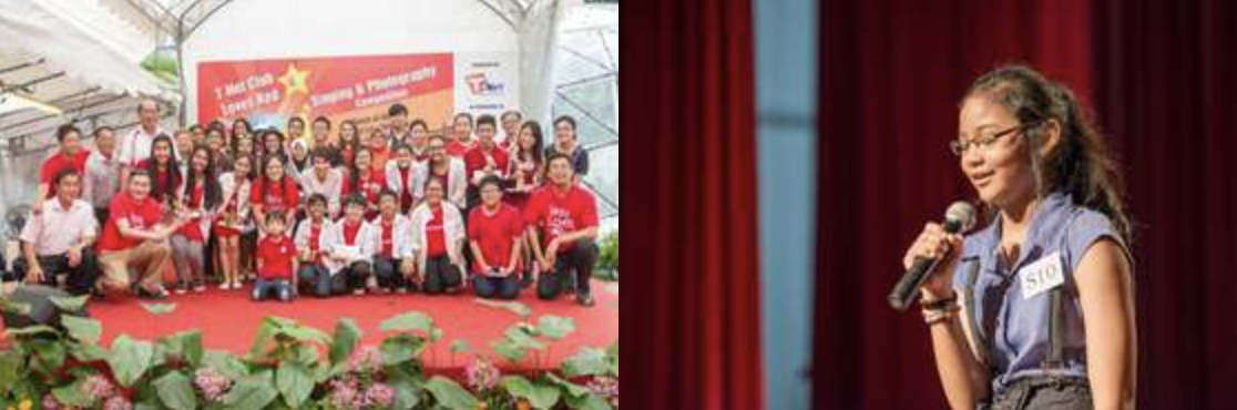 Large group in red shirts pose at a singing competition; a girl with glasses speaks into a microphone on stage.