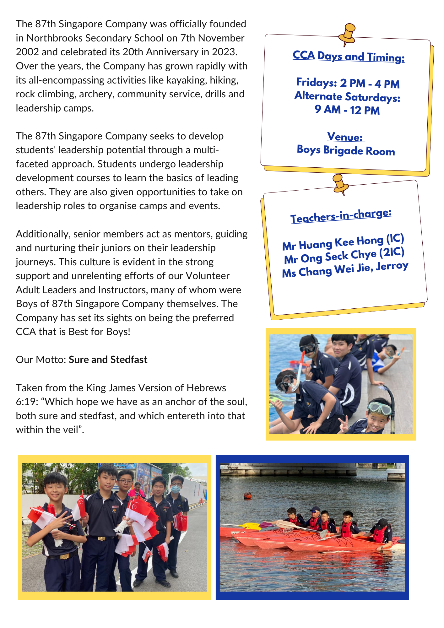 Flyer for 87th Singapore Company Boys Brigade with text, schedule details, and photos of students kayaking and marching.