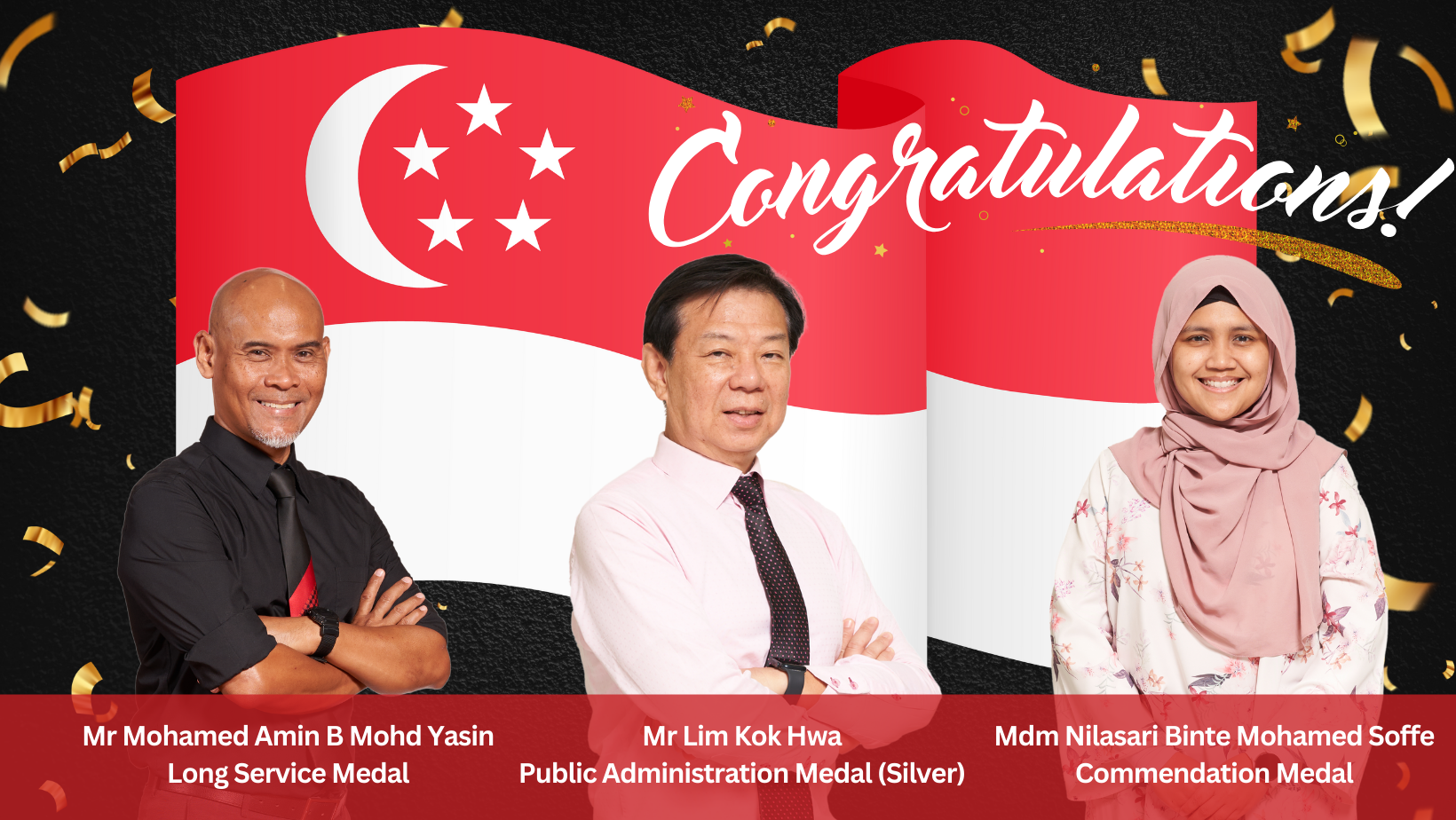 Three award recipients stand before a Singapore flag with Congratulations text and gold confetti.