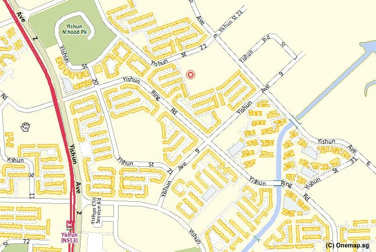Street map of Yishun neighborhood in Singapore showing roads, buildings, and Yishun N'hood Park.